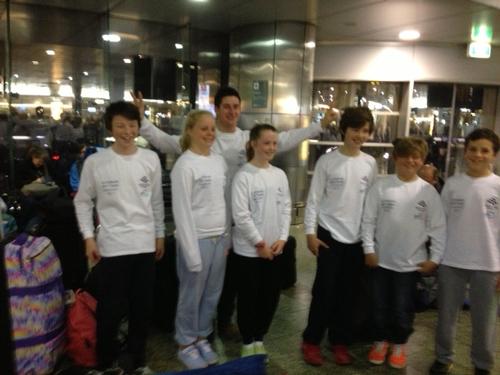 Aussie squad from L to R. Charlie Hiam, Ella Sharman, Coach David White, Jess Harper, Campbell Rickard, Michael Parks and Steven Case. - Qingdao International Optimist Regatta © Kate Daley